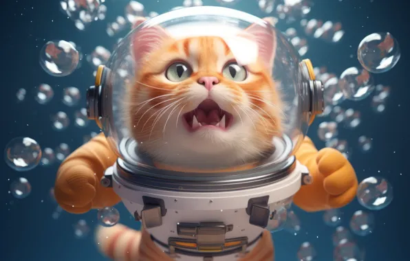 Cat, cat, look, glass, space, flight, pose, bubbles