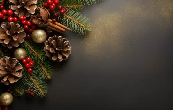 Balls, branches, berries, the dark background, Shine, sequins, fruit, Christmas