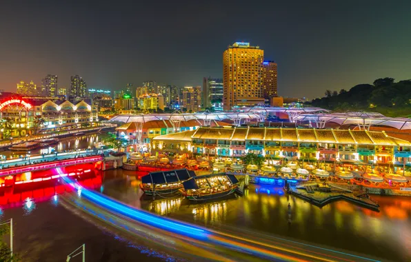 Night, lights, river, boat, bright, home, pier, Singapore
