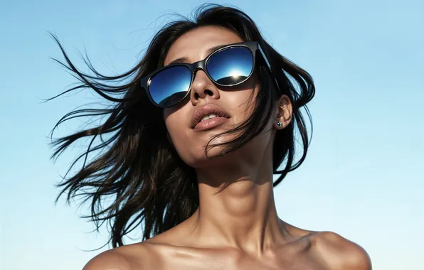 Picture sky, woman, blue, sunglasses, against