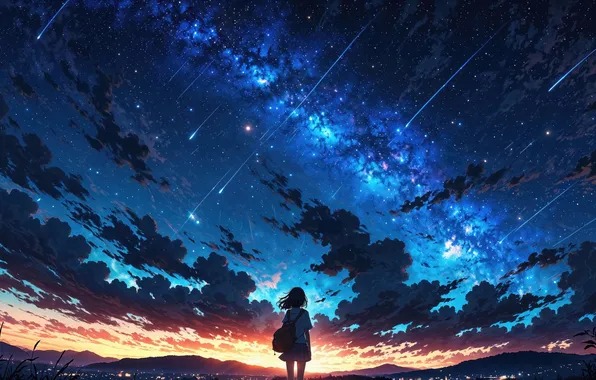 Girl, Sky, Stars, Comet, Anime Girl, AI Art, AI Generated