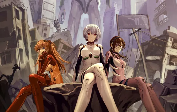 Picture the city, girls, art, glasses, ruins, red eyes, neon genesis evangelion, soryu asuka langley