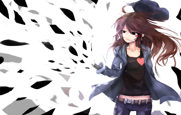 Picture girl, hat, anime, art, cigarette, hearts, pixiv fantasia, bai yemeng