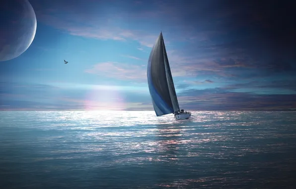 Sea, sunset, birds, the moon, sailboat, the evening