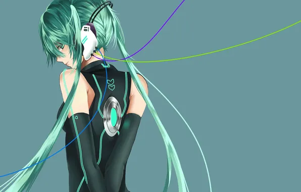Girl, background, headphones, vocaloid, hatsune miku, back