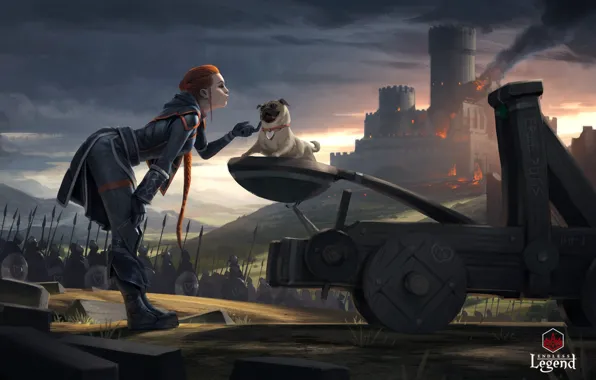 Picture fire, girl, fantasy, game, dog, army, braid, redhead