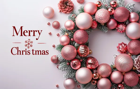 Balls, branches, the inscription, Christmas, New year, pink, needles, light background