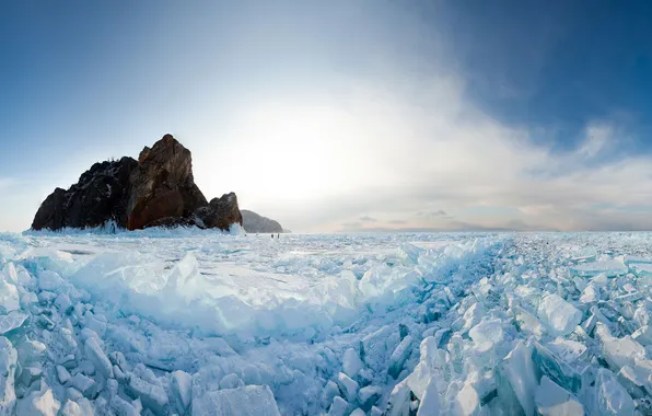 Winter, the sky, light, lake, blue, rocks, ice, glacier