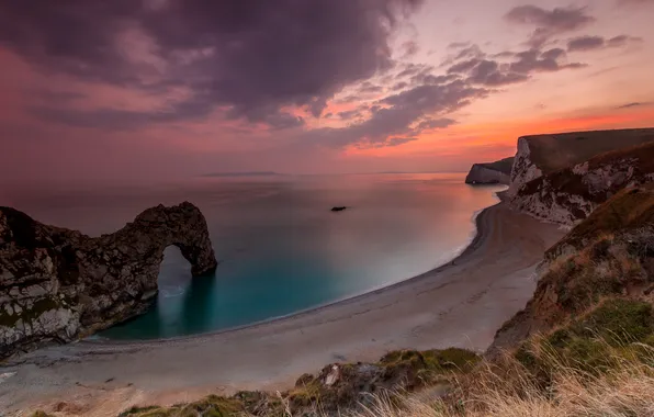 Sea, clouds, sunset, rocks, shore, arch