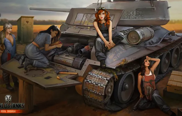 Picture girl, engine, tank, girl, repair, tanks, WoT, World of tanks