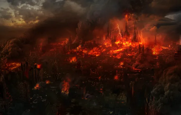 The city, fire, smoke, disaster, lava, cataclysm