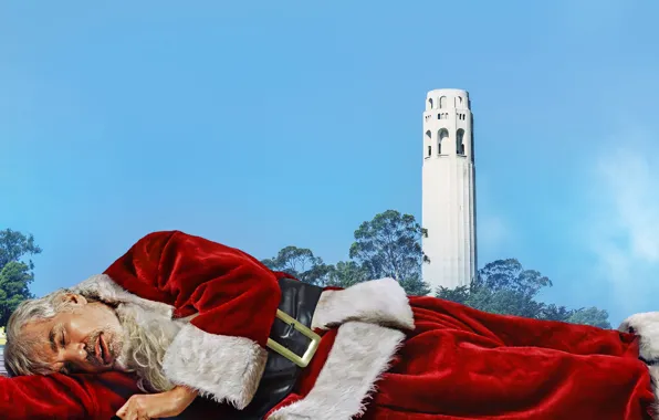 Picture the sky, trees, background, tower, sleeping, lies, coat, Santa Claus