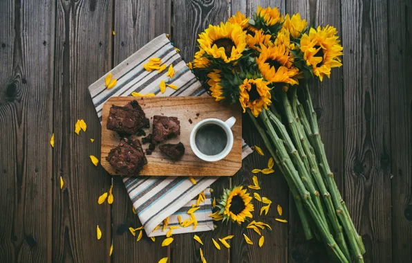 Sunflowers, flowers, the dark background, Board, coffee, food, towel, bouquet