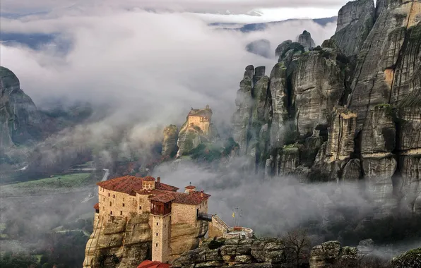 Picture the sky, clouds, landscape, mountains, nature, fog, rocks, plants