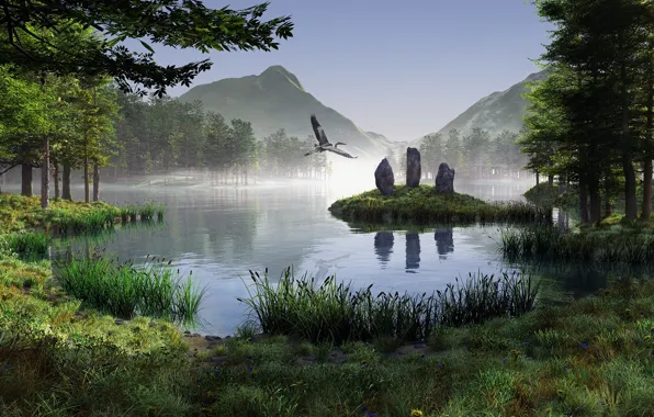 Landscape, mountains, lake, stones, bird, crane, monolith, render