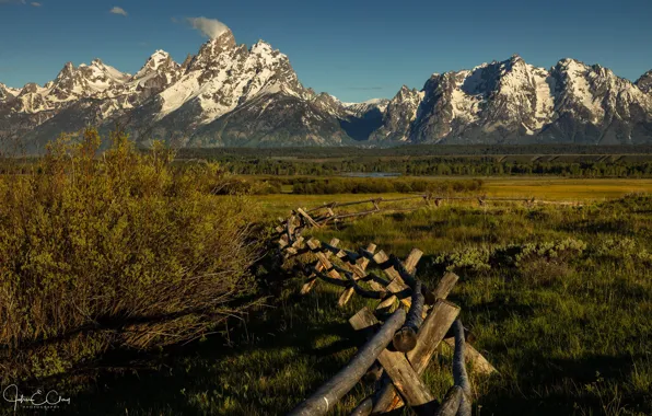 Greens, the sky, grass, the sun, trees, mountains, rocks, the fence