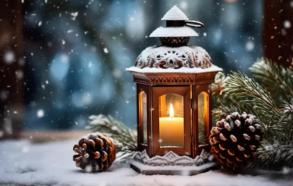 Picture winter, snow, decoration, night, New Year, Christmas, lantern, light