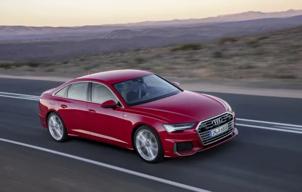 Road, red, Audi, sedan, 2018, four-door, A6 Sedan