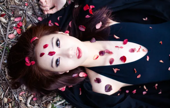 Picture leaves, girl, red, Asian