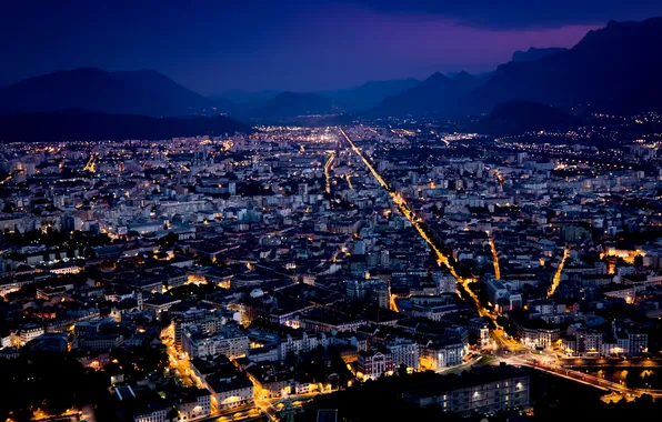 The sky, mountains, night, city, the city, lights, lights, paint