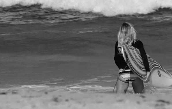 Sea, girl, Wallpaper, black and white