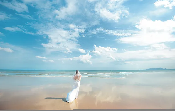 Picture sea, beach, the sky, clouds, reflection, mountains, horizon, wedding dress