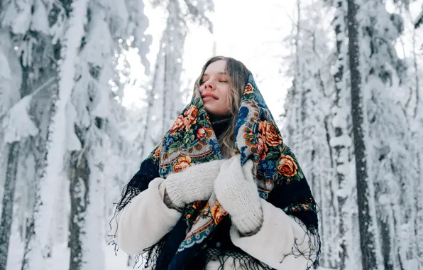 Winter, frost, forest, girl, snow, trees, flowers, branches