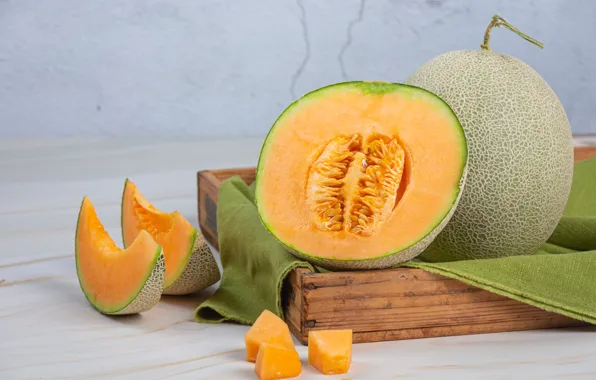 Box, slices, composition, melon