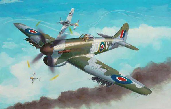 Picture war, art, airplane, painting, aviation, ww2, Hawker Tempest Mk.V