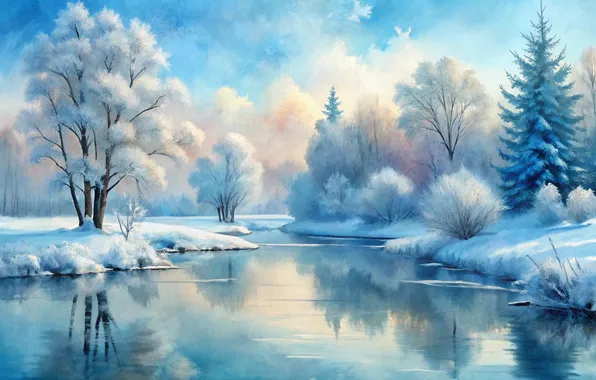 Winter, frost, forest, clouds, snow, trees, lake, reflection