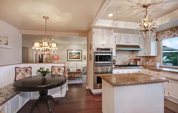 Table, furniture, Villa, interior, kitchen, chandelier, cottage, luxury