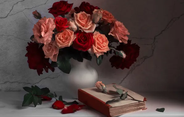 Roses, bouquet, book, Irina Babenkova