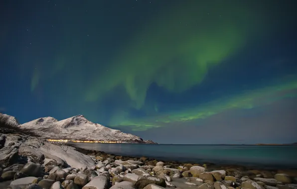 Picture sea, mountains, Northern lights, Iceland