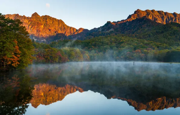 Autumn, forest, water, trees, mountains, fog, lake, reflection