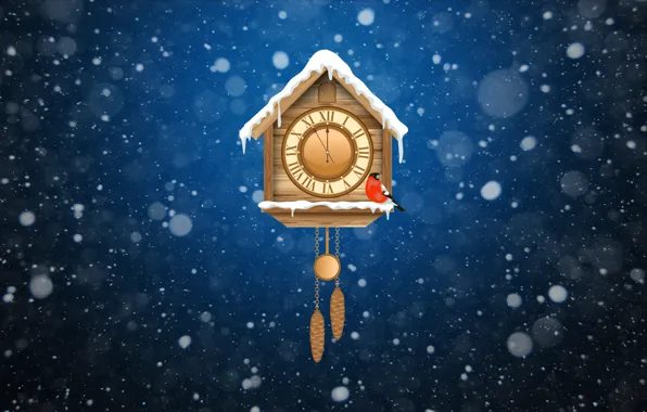Winter, Minimalism, Snow, Watch, New Year, Background, Bullfinch, Holiday