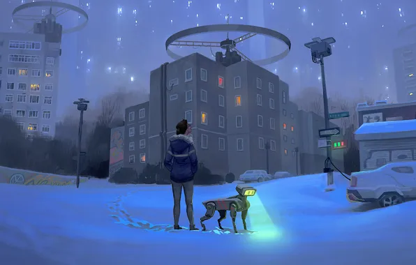 Car, girl, fantasy, robot, night, science fiction, dog, winter