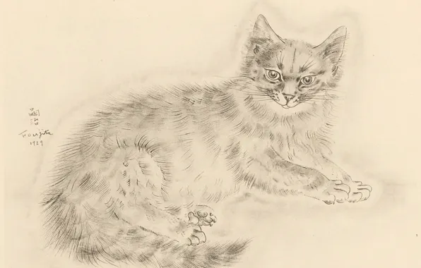 Picture look, legs, tail, fluffy, 1929, Tsuguharu Foujita, The Book Of Cats
