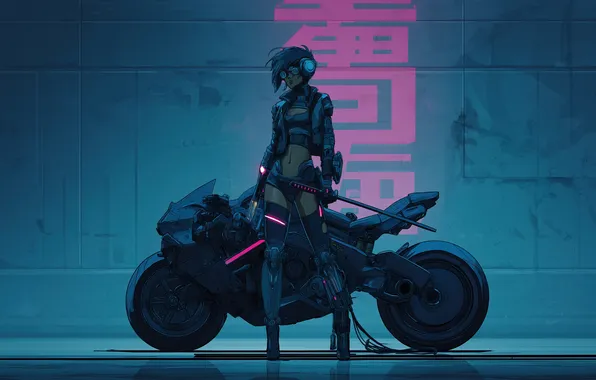 Sword, headphones, motorcycle, katana, cyberpunk, women, cyborg, illustration