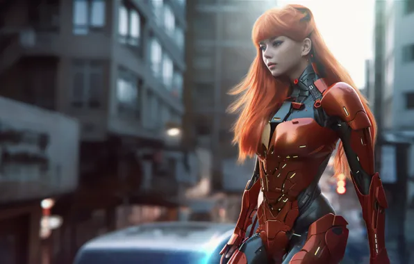 Picture beautiful woman, beautiful woman, red, redhead, armor, city, the city, AI art