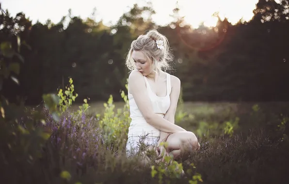 Grass, girl, flowers, glade, morning, blonde