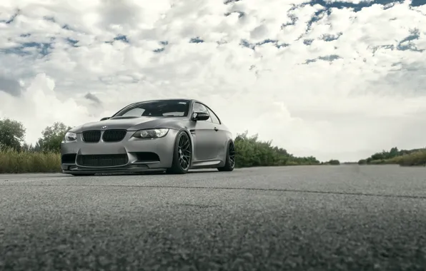 Road, the sky, clouds, grey, bmw, BMW, the bushes, grey