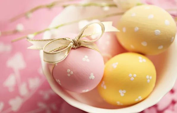 Holiday, eggs, yellow, plate, Easter, tape, pink, bow