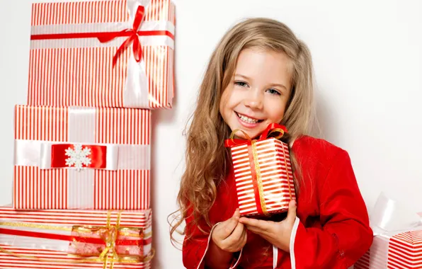 Picture face, smile, red, child, girl, gifts, New year, bow
