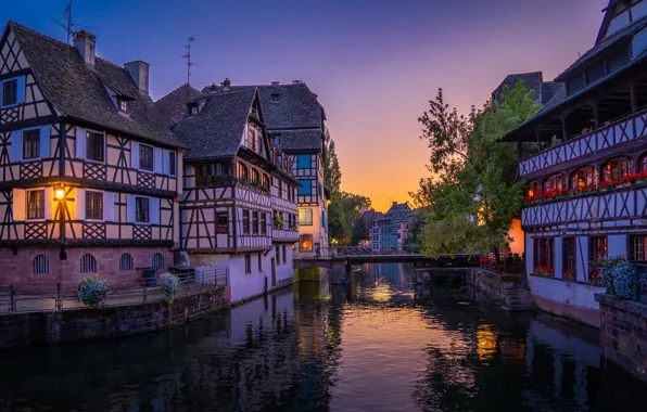 Night, the city, river, France, home, lighting, lights, the bridge