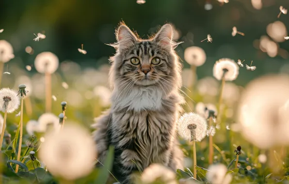Cat, summer, cat, look, flowers, pose, kitty, grey