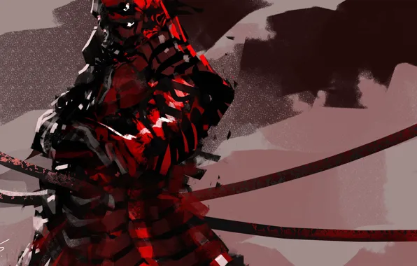 Red, background, armor, samurai