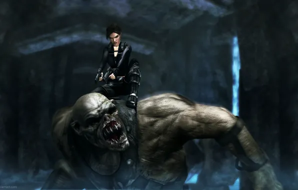 Guns, monster, Tomb Raider, underworld, Lara Croft