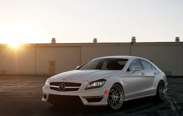Picture white, the sun, sunset, Mercedes-Benz, white, Blik, AMG, the front part