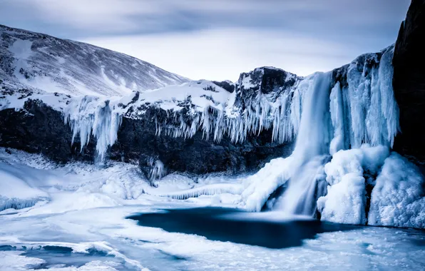 Picture ice, winter, the sky, mountains, lake, rocks