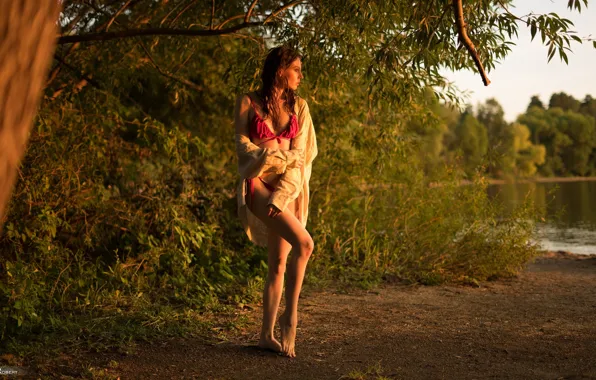 Trees, nature, lake, model, women, brunette, bikini, red bikini